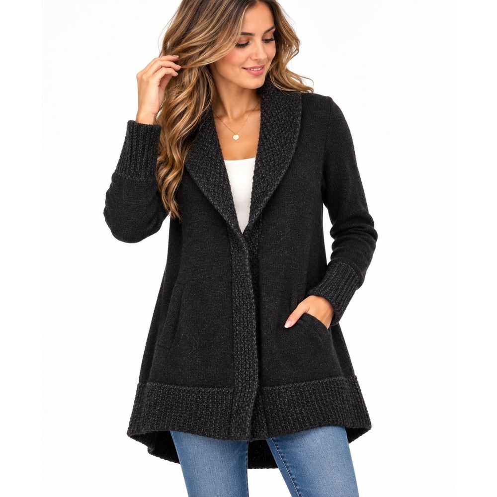 Margaret O'Leary Sweater Coat S Merino Wool Cashmere Black Shawl Collar Cardigan